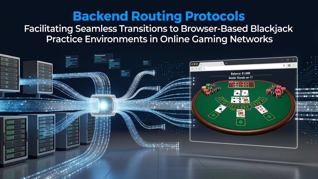Diagram illustrating backend routing protocols connecting users to browser-based blackjack practice environments