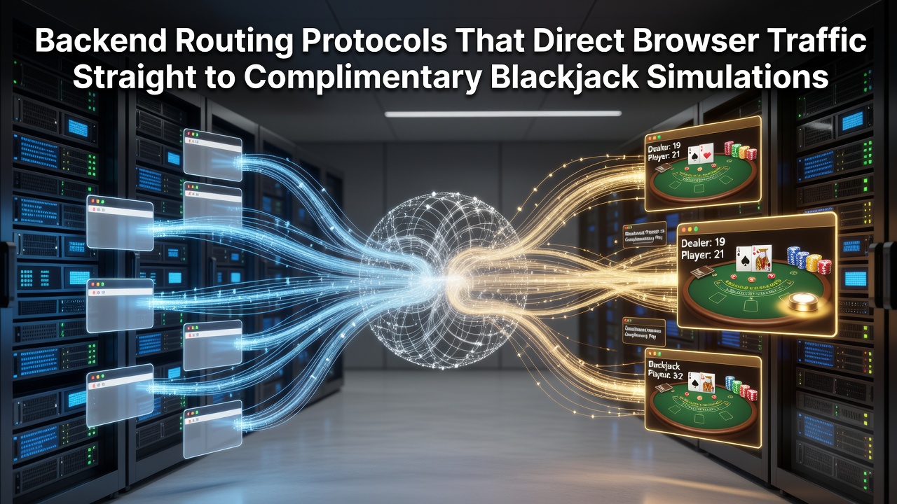 Diagram showing backend server architecture routing user traffic to free blackjack simulation interfaces