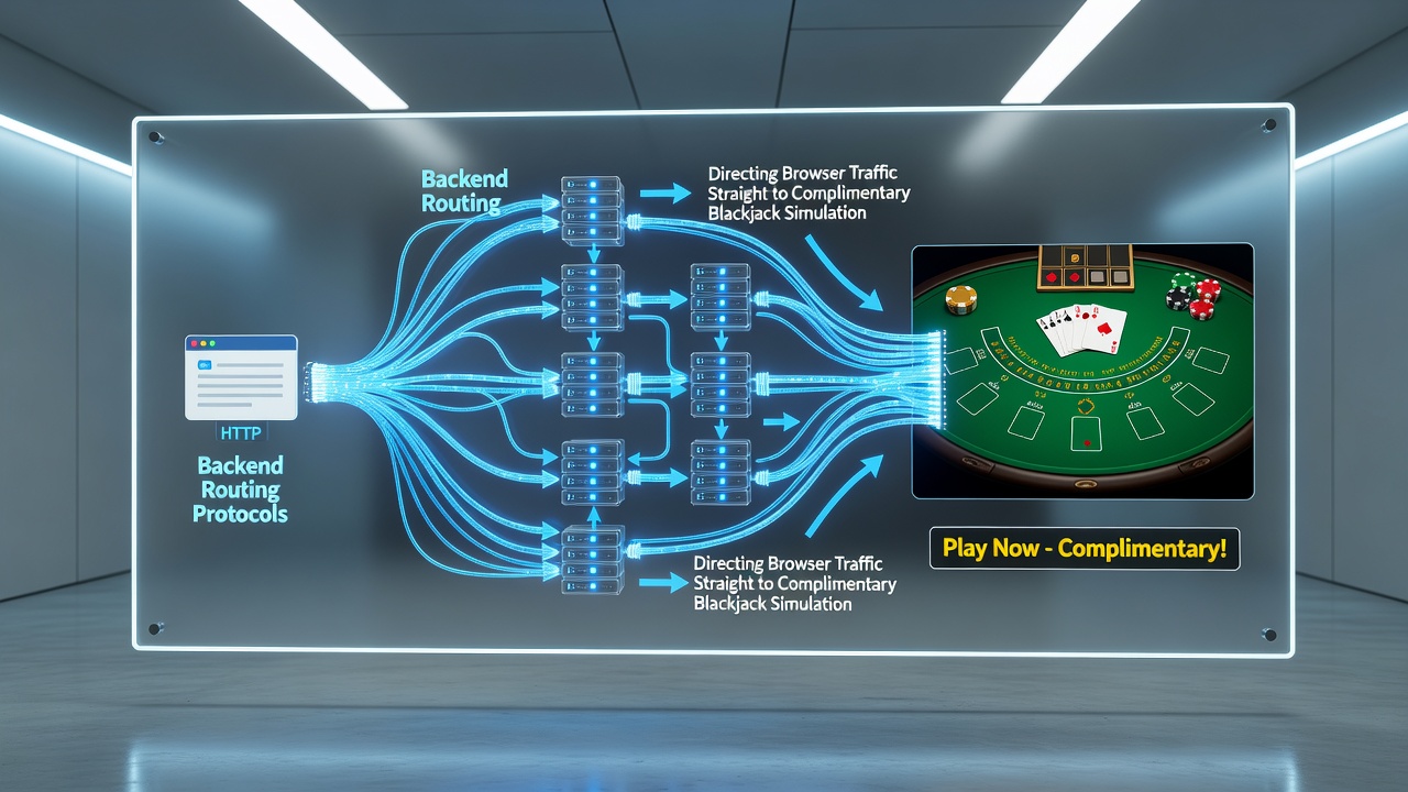 Flowchart of traffic routing protocols connecting browsers to complimentary blackjack simulation servers