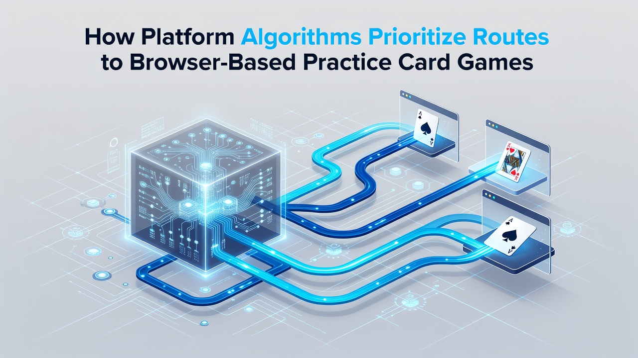 Diagram showing algorithmic pathways routing users through platform interfaces to practice card game sections in browsers