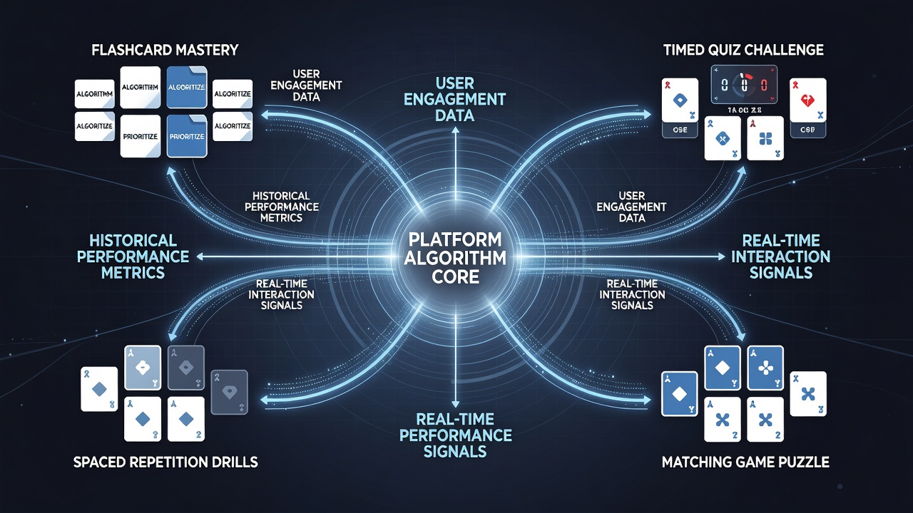 Flowchart illustrating backend data flows and priority scoring for browser practice card game recommendations