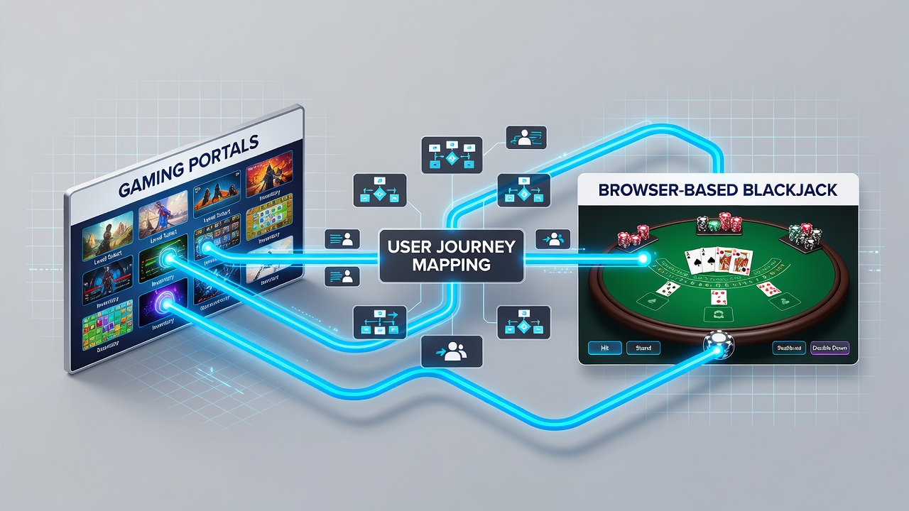 Technical diagram showing user navigation routes across gaming portals to browser-based blackjack practice zones