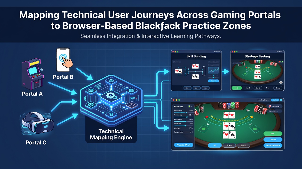 Flowchart illustrating backend routing from gaming portals to browser blackjack practice interfaces