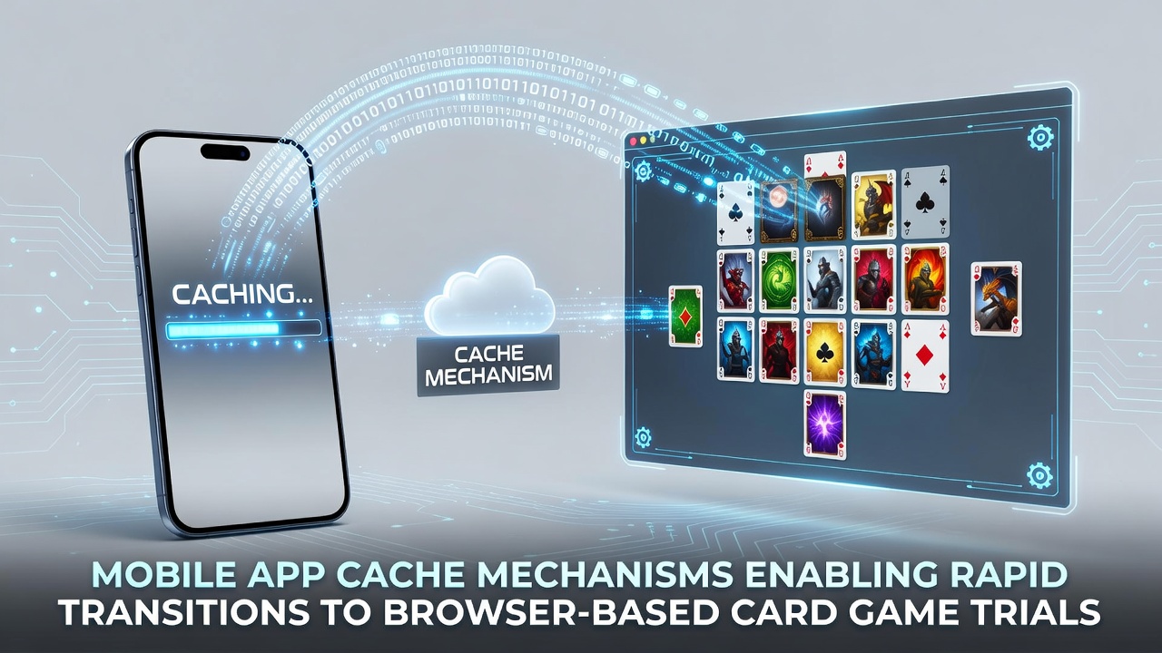 Mobile app cache mechanisms diagram showing data flow to browser-based card game interfaces