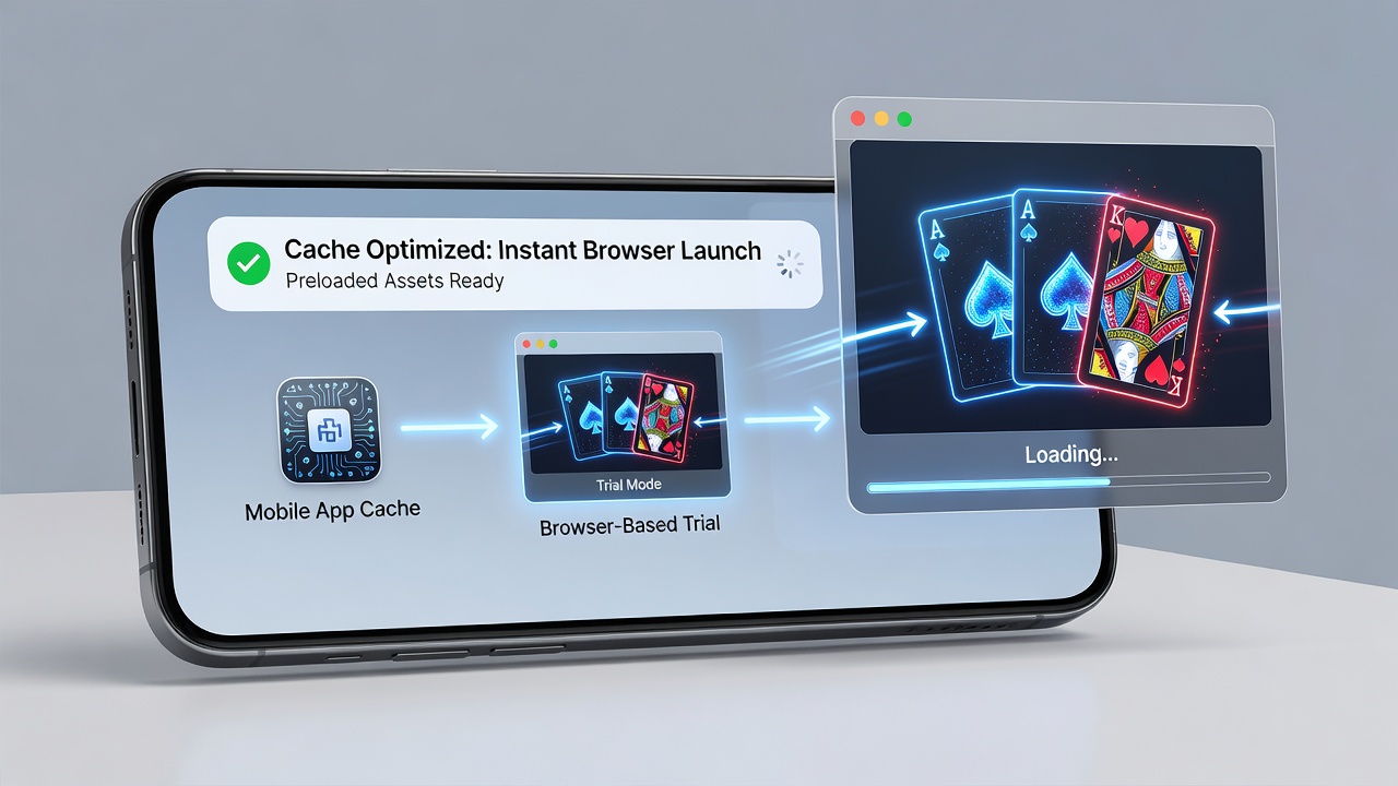 Browser-based card game trial interface loaded via mobile app cache