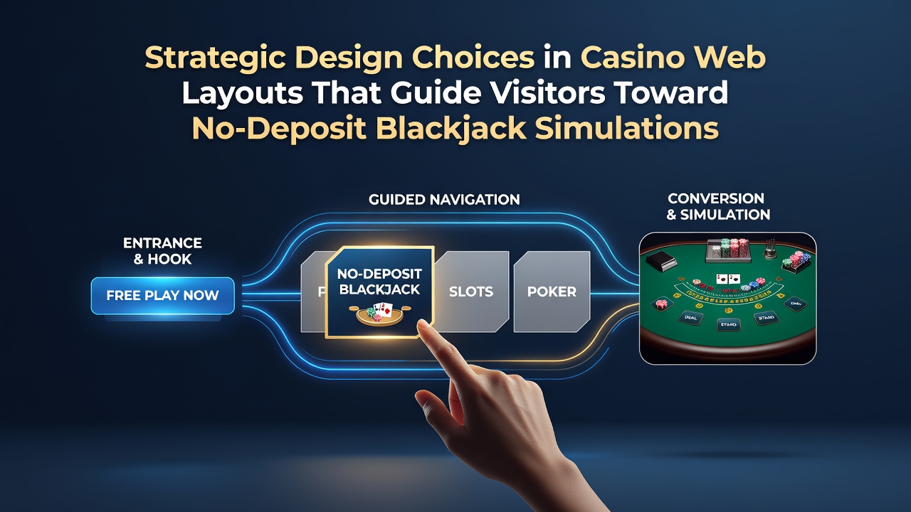 Casino website homepage layout showing prominent navigation paths to free blackjack simulation sections