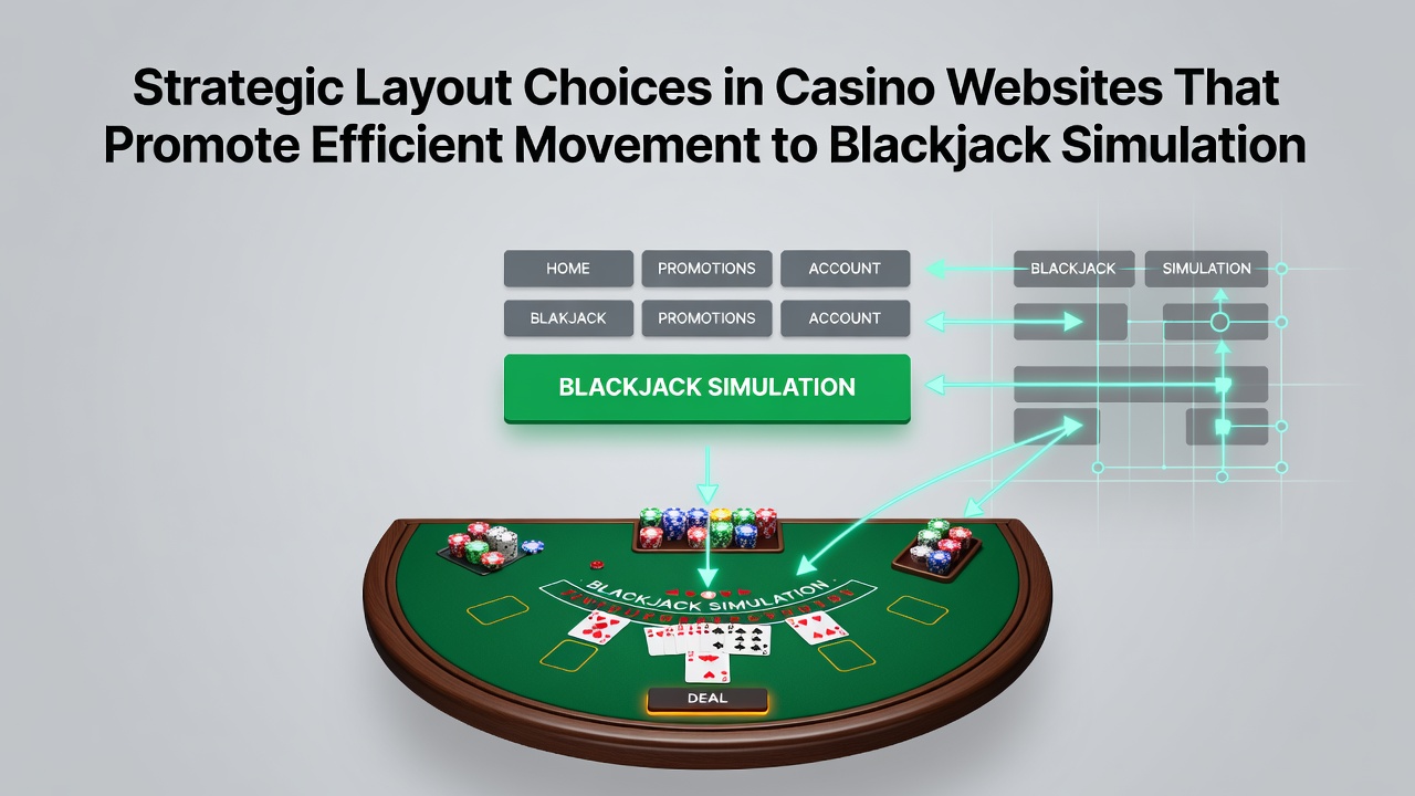 Mobile casino interface displaying adaptive navigation leading to blackjack simulation sections