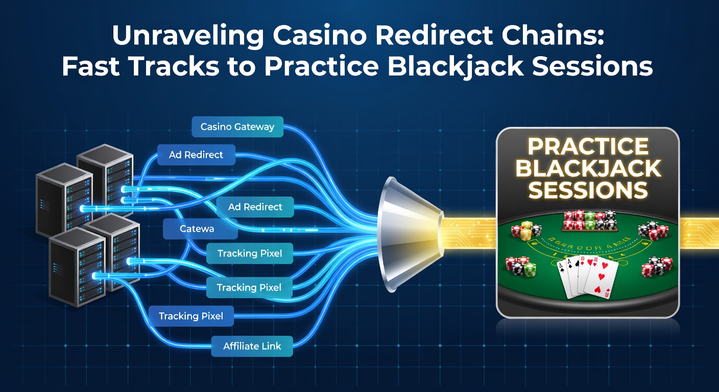 Digital flowchart illustrating layered casino website redirects leading to a blackjack practice table
