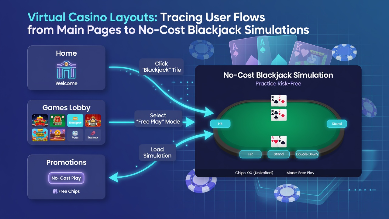 Flowchart illustrating user navigation from casino homepage through menu categories to free blackjack demo interfaces